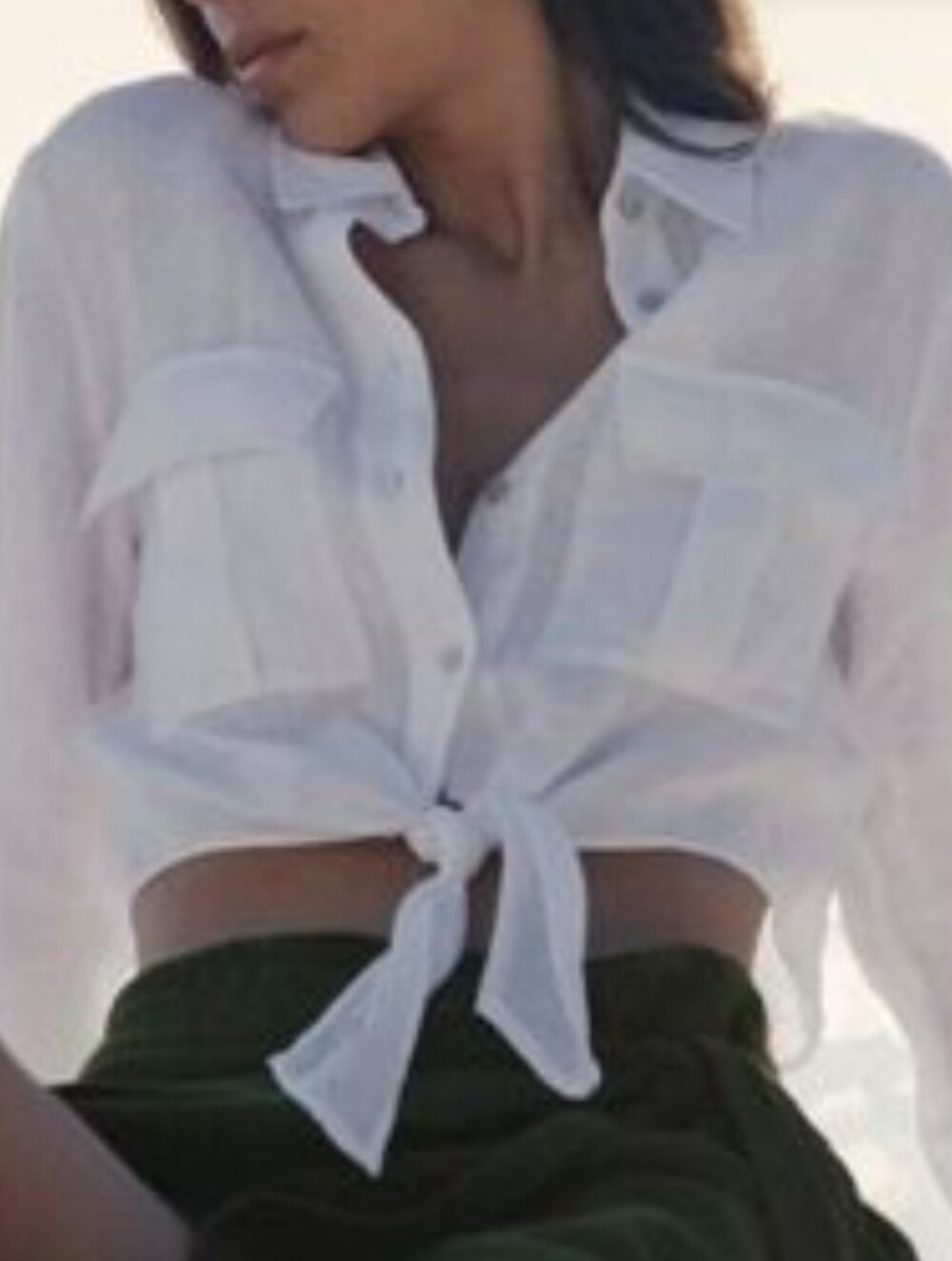 Zara White Long Sleeve Linen Tie-Front Crop Shirt - Size S